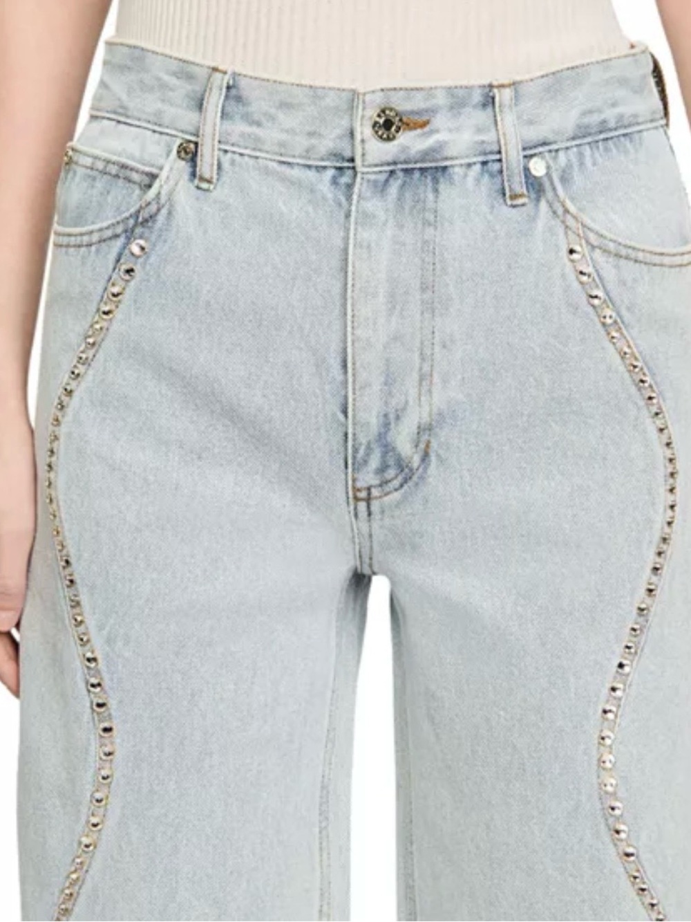 Sandro Rhinestone Stripe Jeans in Light Blue Jean